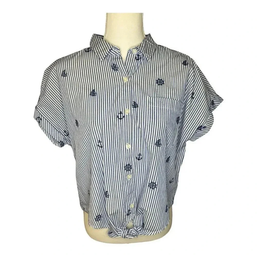 Andrew Marc Women's Large Blue/White Striped Crop Blouse Embroidered Tie Hem